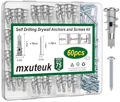 mxuteuk 60Pcs #8 Self Drilling Zinc Alloy Drywall Anchors and Screws kit, 30Pcs Zinc Alloy Anchors and 30Pcs #8x1-1/4'' Screws - Holds Upto 75lbs,for Drywall Hanging and Mounting No Drill Hole