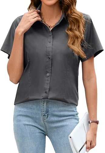 Stamain Hemdbluse Damen Kurzarm Slim Fit Grau Knöpfen Hemden Business Sommer Arbeitshemd Formelle Büro M
