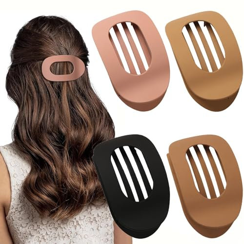 Yeomju Lot de 4 pinces à cheveux plates marron mat pour femme - Pinces rondes pour cheveux épais et fins - Clips plats incurvés confortables