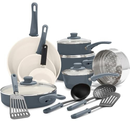 HJZSZX Juego de ollas y sartenes antiadherentes de cerámica de agarre suave y saludable, 16 piezas, gris cuarzo, talla única