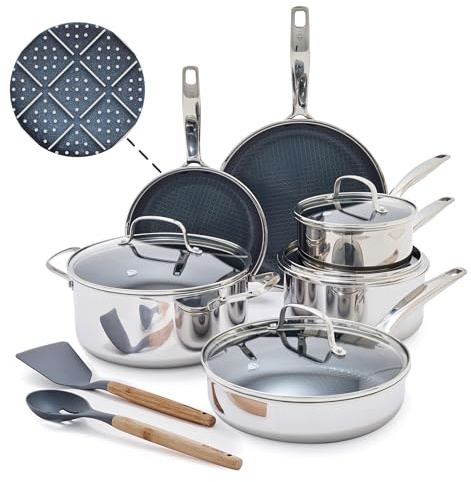 Blue Diamond Hybrid Nonstick Stainless Steel 12 Piece Cookware Set, Tri-Ply PFAS-Free Ceramic Diamond Bond Pots & Pans, Dishwasher & Oven Safe to 850F, Induction Ready, Metal Utensil Safe, Silver