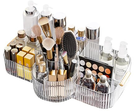 DASITON Makeupborsthållare med stor kapacitet, roterande makeuporganiserare, vintage randig hudvårdsorganisatör för sminkbord, badrum, sovrum (klar)