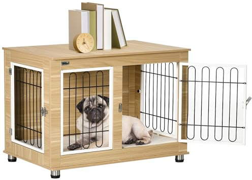 PawHut Jaula para Perros Mesa Auxiliar con Cojín Lavable Casa para Mascotas con Estructura de Acero para Perros Medianos y Grandes 90x58x65 cm Roble