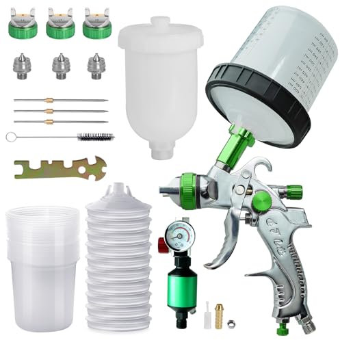 HVLP Paint Spray Gun Kit, 600ml Cup Paint Sprayer with 3 Nozzles, Air Regulator and Filter, Automotive Spray Gun Kit with10 Disposable Cups and Lids, Cleaning Tools for Painting Car Furniture(Green)