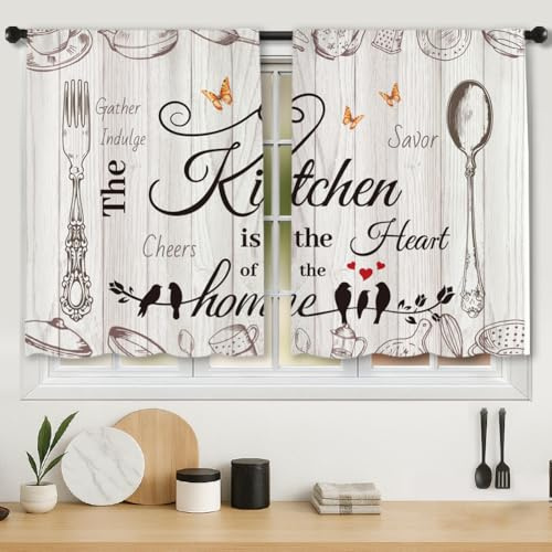 DOODLREAM 2 Panels Vintage Print Kitchen Curtains, Rod Pocket Rustic Farmhouse Tableware Blackout Curtains 70 x 99 cm, Short Window Curtain Decor for Cupboard Basement RV Camper Laundry Room