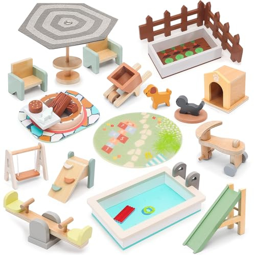 HAPGFS Wooden Doll House Furniture and Accessories Outdoor Play Set for Kids- Includes Slide, Swing, BBQ Grill, Pool & Garden - Perfect Doll House Decor Gift for Children 3-6 Years Birthday Christmas