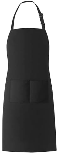 BAIWANT Adjustable Bib Apron with 2 Pockets Kitchen Apron for Men, Women with Long Ties for Cooking, Baking, BBQ, Ideal for Home Restaurant (Black)