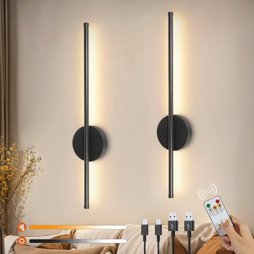 Ketom Rechargeable Wall Lights Indoor Set of 2, Stick on Wall Lights Battery Operated, 3 Color Temperature, LED Dimmable, with Remote, Wireless Sconces for Bedroom Living Room Hallway, Black