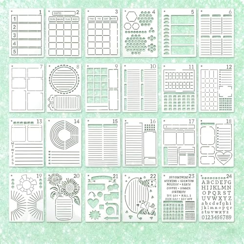 Set di 24 stencil journal (17,8 x 12,7 cm/7 x 5 pollici) – PET Bullet Journal Planner per pittura fai da te, decorazione per quaderni