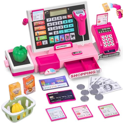 Elektronische Spielzeug Kasse Kinder mit Scanner und Sound, Supermarktkasse Rollenspielzeug, inkl. Zubehör(spielgeld, einkaufskorb, Waage), lernspielzeug/Spielkasse für Kinder ab 3 Jahren (Rosa)