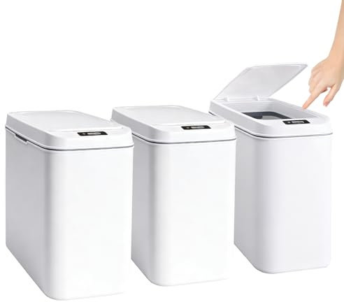3 Pack Sensor Bathroom Bins, 10L Slim Touchless Rubbish Bins for Kitchen | White Trash Can, Touchless Hand, Knee or Foot Activation, 5-second Auto Closing and IPX4 Splash-resistant Design for Home