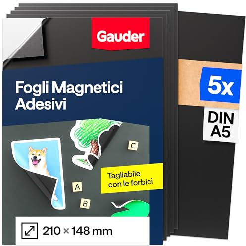 GAUDER Lámina Magnética Autoadhesiva - Hoja Imantada para Fotos, Manualidades y Carteles - Película Magnética Adhesiva para Hogar, Escuela y Oficina (5 Unidades - DIN A5-210 x 148 mm)