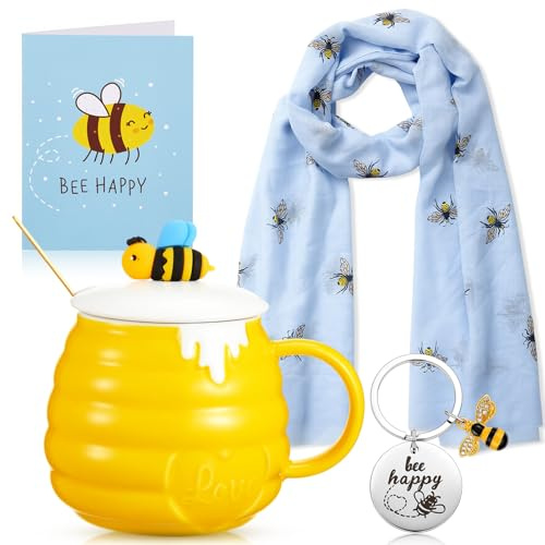 EBOOT 4er Set Bee Happy Geschenke für Frauen, Bienen Schlüsselanhänger Keramik Tasse mit Deckel Löffel Schal mit Box Geschenkkarte Geschenke zum Geburtstag für Freundin, Mama, Kollegin (Blaue Biene)