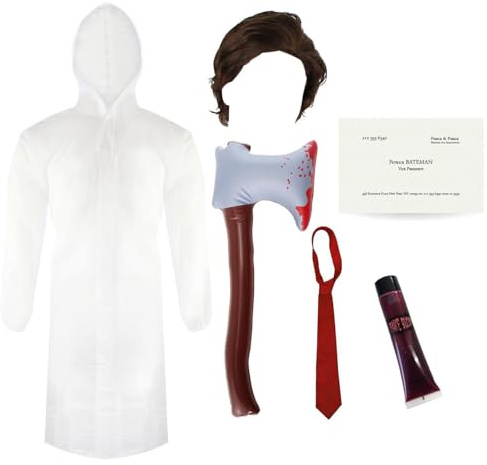 Erwachsenen-Psycho-Kostüm – Standard – transparenter Regenmantel, Perücke, Krawatte, aufblasbare Axt, Visitenkarte und Kunstblut – Psycho Patrick Bateman American TV Film Charakter Halloween
