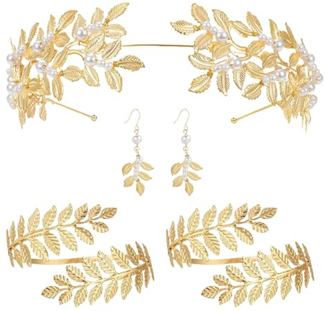 Quzente Juego de 5 accesorios para disfraz griego de para mujer, diadema de hoja de laurel dorado, pulsera de bobina de brazo, aretes colgantes de hoja, tocado de novia, bata de fiesta