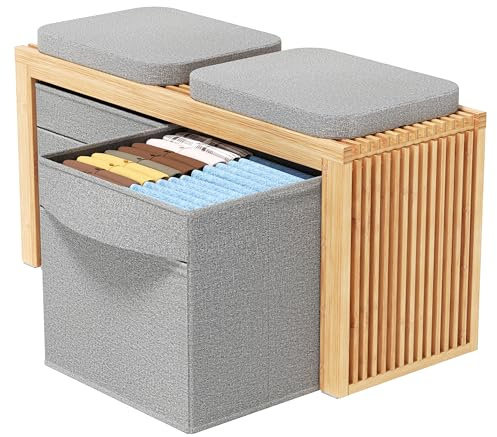 Bambus Sitzbank Mit Stauraum - Sitzbank Flur - Sitztruhe Mit Stauraum | BAM BOO BOX Truhenbank mit Stauraum - Sitzbank Schlafzimmer 90x33x43cm - Sitzbank Garderobe - Garderobenbank (Grau)
