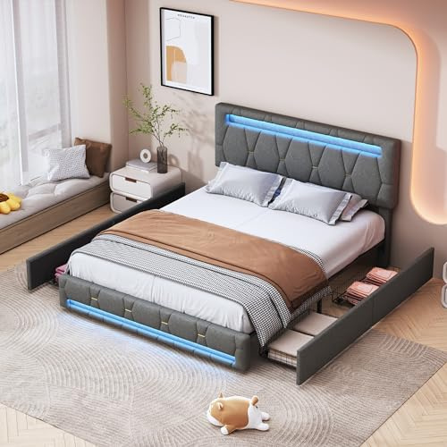 Bett 160 x 200 cm mit LED- und USB-Bettgestell, gepolstertes Doppelbett mit 4 Schubladen, gepolstertes Bett mit großem Stauraum, Schubladenbett für Erwachsene und Jugendliche (Dunkelgrau-B, 140 x 200