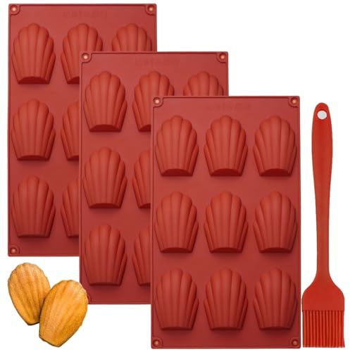 YXHZVON Moule en Silicone Madeleine, 3 Pièces Moule à Madeleine à 9 Trous, Antiadhésifs Moule Madeleine Pâtisserie avec Brosse en Silicone pour Mousse Chocolat Gâteau(Rouge)