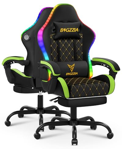 Bigzzia Gaming Stuhl LED, Ergonomischer Gaming Chair mit Bluetooth Grün | Mit Fußstütze/Kopfstütze/Lendenwirbelstütze, 90°–135°Verstellung, Zocker Stuhl für Arbeit Freizeit Gaming, aus PU-Leder