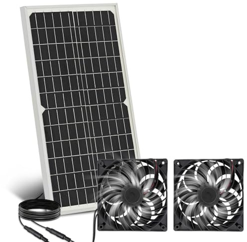 KUWUNG Solar Ventilator, 16W Solarpanel Ventilator mit Zwei IP67 Wasserdicht, DC Doppelventilator für kleine Hühnerställe, Gewächshäuser, Schuppen, Haustierhäuser, Zu-oder Abluft (ABS)