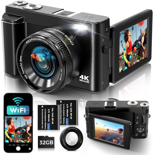 Cámara Digital 4K con WiFi 64MP Cámara de Fotos Digital con Pantalla 3 180° Abatible, Tarjeta de 32 GB, 2 Baterías, Zoom Digital 16X, Autofoco, Anti-Vibración para Adolescentes, Adulto, Principiante