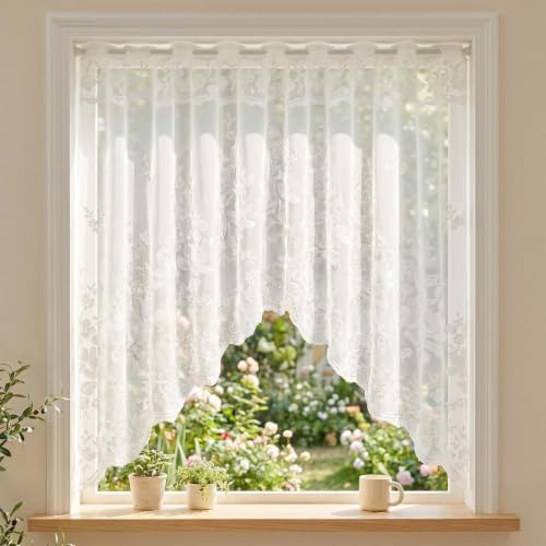 SORAYUXI 2 Stück Blume Spitze Scheibengardinen - Scheibengardinen Modern, Scheibengardine Landhausstil, Blume Voile Küchenvorhang Küchengardinen für Wohnzimmer Schlafzimmer, Café, Küche, 160 * 105CM