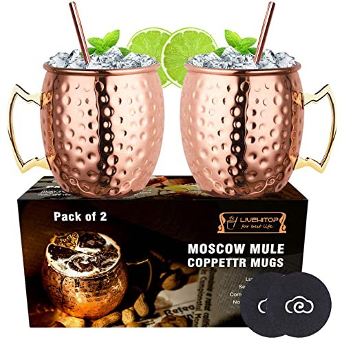 LIVEHITOP Moscow Mule Copper Mugs Set of 2 PC,18 Oz Copper Cup with Coasters for Cocktail, Wine, Beer, Cold Drink, Home, Bar, Party, Gifts (Pack of 2)