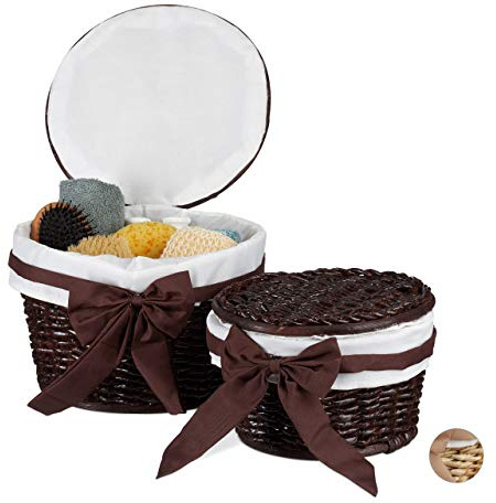 Relaxdays Set de dos cestos de almacenaje, Con tapa, Madera de Buri, Redondos, Trenzado, Marrón oscuro
