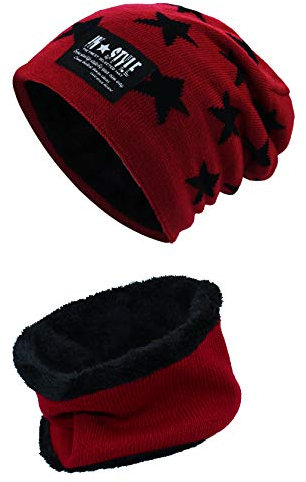 Momoon Dicke Beanie Hut +Schal Set Winter Warmen Schnee Knit Skull Cap für Kinder Jungen Mädchen(Suitable for 6-14, Stern rot, one size(fit teenager 6-14)