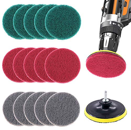Glarks - Kit di 12 spugne abrasive per piastrelle, 12,7 cm, con supporto per disco da 12,7 cm, per pulizia bagno e cucina, 3 diverse rigidità (rosso, grigio, verde)