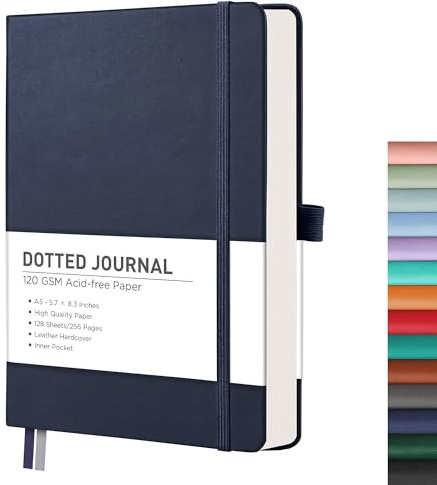 RETTACY Dotted Journal Notebook, 256 Pages, A5 Medium Size (5.7'' × 8.3''), Leather Hardcover, 120 GSM Thick Paper, for Journaling, Planning, Tracking (Navy Blue)