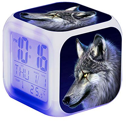 Nicole Knupfer Réveil loup pour enfant - LED - Carré - Horloge LCD éclairée - Cadeau - Motif loup (#3)