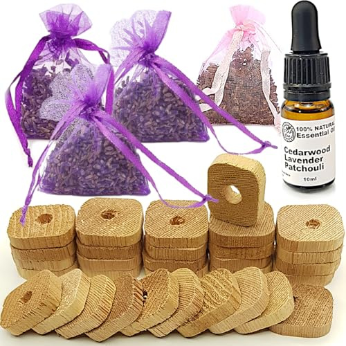 STAFECO Repellente antitarme per armadi, anti tarme, anelli in legno di cedro, sacchetti lavanda e patchouli, olio di prima qualità, 100% naturale (Medium L)