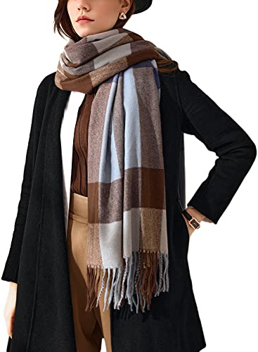 TOPLAZA Damen Langer Schal Karierter mit Quasten Winterschal für Warmen Winter, Blau, Einheitsgröße