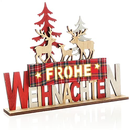 com-four® LED Deko Aufsteller aus Holz, beleuchteter Schriftzug | Deko-Schriftzug zum Hinstellen für Weihnachten - Stimmungslicht mit Timer