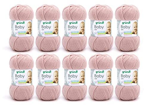Gründl Wolle Baby uni - weiche Wolle zum Häkeln und Stricken - Babywolle - Babygarn - Weich und hautfreundlich - 70 % Polyacryl,30 % Polyamid - 10 Knäuel 50 g / 150 m - Nadelstärke 3,5 -4,5 - altrosa