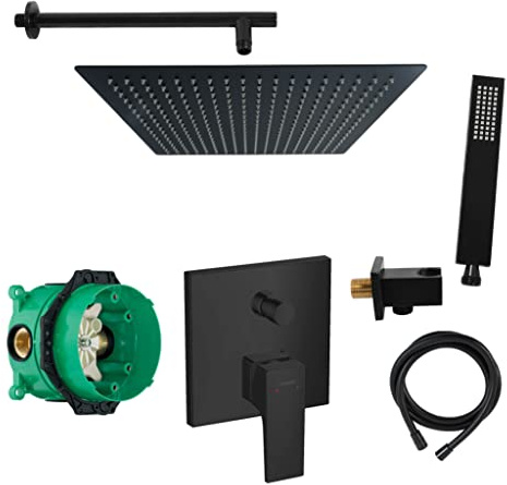 vanvilla Duschsystem Unterputz mit Duscharmatur Hansgrohe schwarz HGS01-XL | Duscharmatur von Hansgrohe Metropol Einhebelmischer und vanvilla Regendusche Duschkopf eckig, Dusch-SET schwarz matt