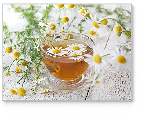 DEQORI Tabla de cortar de cristal, grande, 40 x 30 cm, diseño de té con flores de manzanilla, placa de corte para cocina, antibacteriana y antideslizante, placa de cristal y bandeja para servir