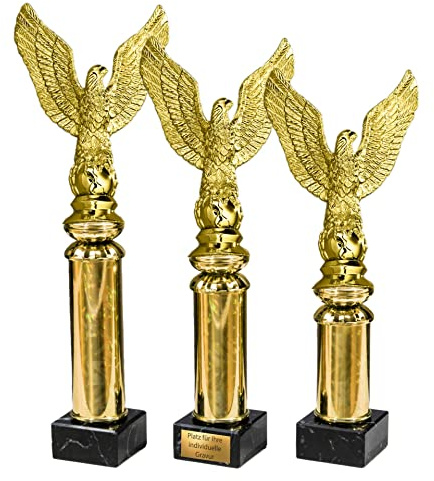 eberin · Siegerpreis · Adler Siegerfigur Pokal mit Wunschtext · Goldener Siegesadler auf Goldsäule/Marmor · Pokal in 3 Größen erhältlich ·