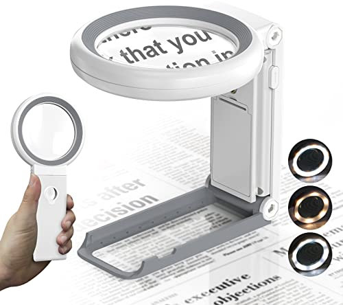 Lupe mit Licht und Ständer, 30X 10X Faltbare Leselupe mit 18 LED-Licht, Dimmbare Große Glas-Handlupe, Schreibtischlupe für Senioren, Juwelier, Handwerk, Bücher, Münzen, Makuladegeneration