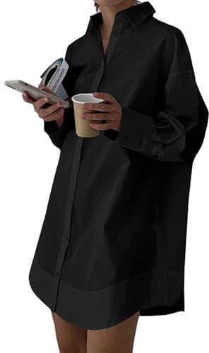 LYANER Women's Casual Shirt Dress Collar V Neck Button Down Loose Long Sleeve Mini Dresses Solid Black X-Large