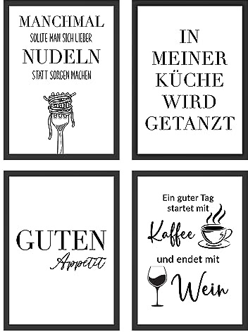 WBdesignz 4er Bilder Set für die Küche - Lustige Poster Wanddeko Bilderset mit Kaffee, Wein, Nudeln und Sprüchen (DIN A4 ohne Rahmen)