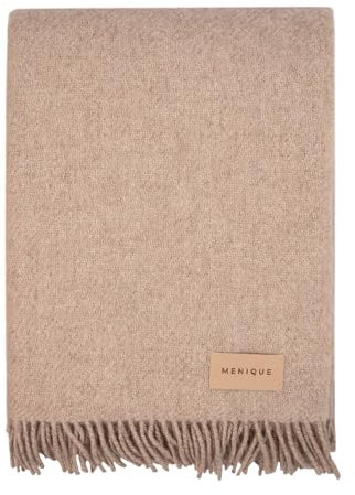 menique Warm Wolldecke Milan 125x180 cm – Beige Dicke Kuscheldecke aus 100% Wolle, Weiche Sofa- & Couchdecke mit Fransen, Warme Decke & Plaid für Wohnzimmer, Bett & Outdoor, Winter