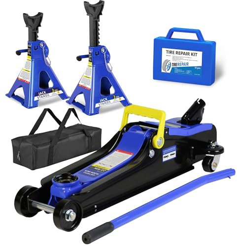 4 Piece Car Truck Floor Jack Service with Jack Stands Tire Repair Kit for Garages, Automotive,Repair Shops and DIY, Portable, 2 Ton 4,000 lbs, Lifting Range 3.3 - 15.2, Heavy Duty Steel, Blue