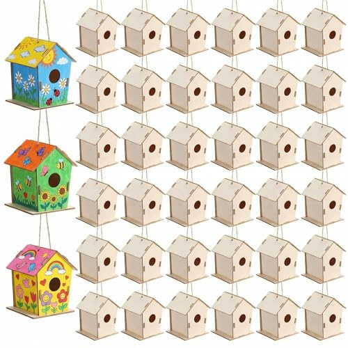 DoubleFill 48 Pcs 4.33 Wooden Bird Houses Bulk for Kids DIY Unfinished Hanging Birdhouse for Crafts Art Wood Toys boy Girl Class Activity Creative Project Parties Design Valentines Crafts