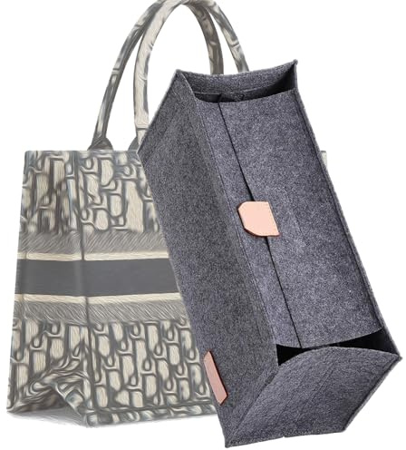 KESOIL Tragetaschen-Organizer-Einsatz, kompatibel mit mittelgroßen Dior-Bücher-Tragetaschen und unterwegs, Handtaschen-Aufbewahrung, Filzeinsatz mit Reißverschluss, 9 Taschen (Grau mit Deckel, L)