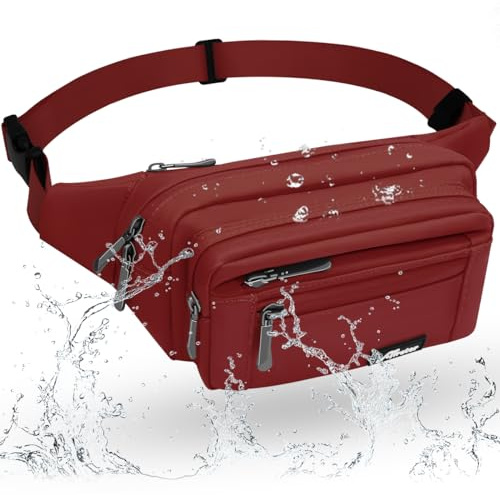 REETEE Bauchtasche Gürteltasche für Damen und Herren Wasserdicht Hüfttasche mit 5 Taschen, Brustbeutel Sport Tasche für Outdoor Reise Wandern Hundetraining(A-Dunkelrot)