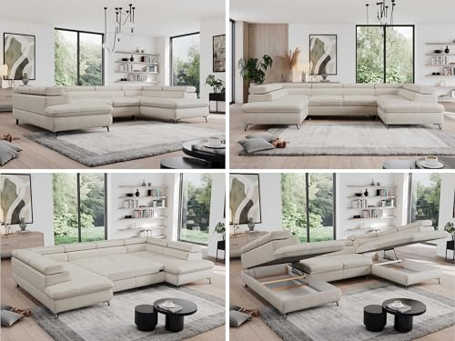 MKS MEBLE Sofa U, Wohnlandschaft U-Form, Ecksofa mit Schlaffunktion und Bettkasten, Schlafsofa mit Bettkasten, Couch mit Verstellbare Kopfstützen - Pedro U - Creme Velvet