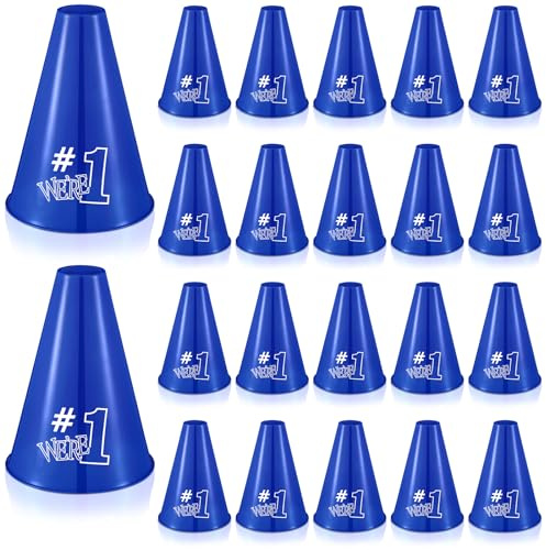 Halloscume 24 Pcs Blue Cheer Megaphone We're #1 Cheers Mini Party Noisemaker Toys Small Plastic Megaphone for Cheerleader Cheerleading Party Favors Sports Match Game Outdoor Activities