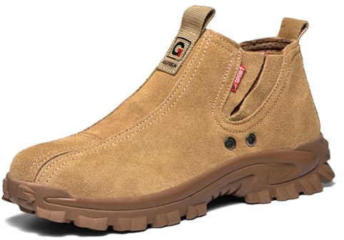 JiuQing Safety Boots Slip-On Steel Toe Cap Work Boots Mens Non-Slip Suede Chelsea Industrial Boots Welding Shoes,Brown,8.5 UK